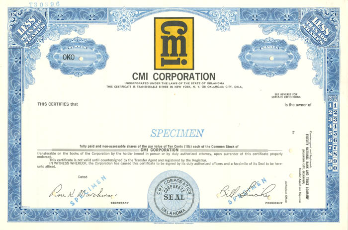 CMI Corporation - Stock Certificate